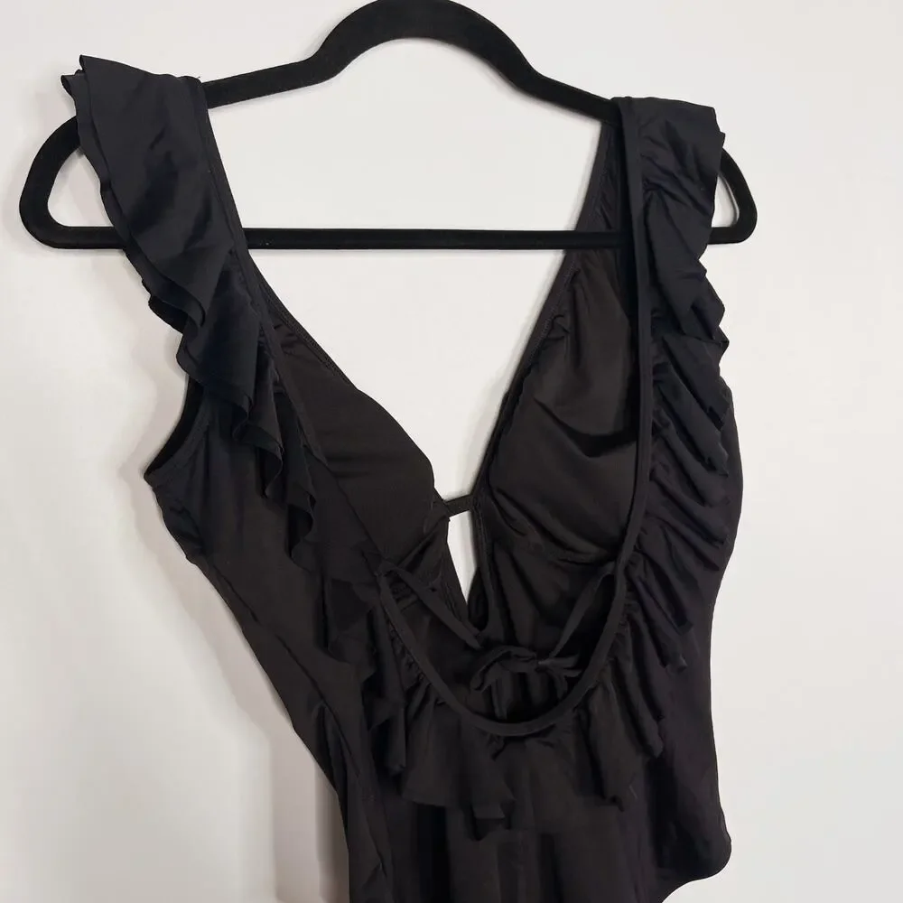 Michael Kors Womens 10 Black Ruffle Deep V Neck One Piece Swim Suit Tie Back
